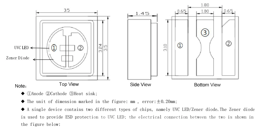 High Quality Factory LED Pw Ultraviolet UVC LED 3535 0.2W 0.5W 1W 3W 5W 270nm 275nm 280nm 285nm UV Lamp Module for Air Purification UV LED Chip